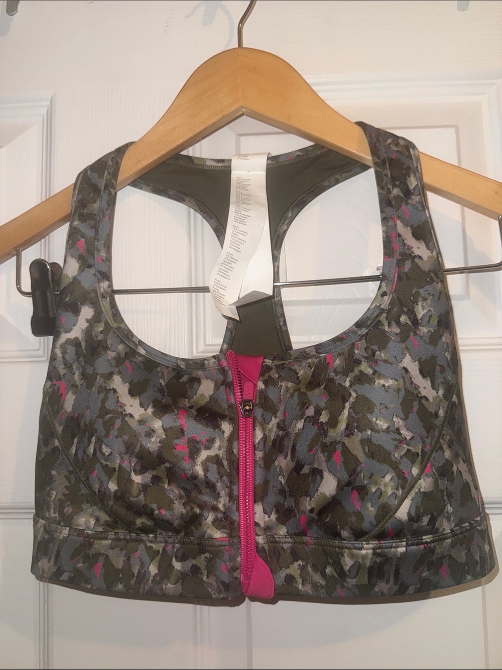 Fabletics Front-Zip Olive Camo Sports Bra with Pink Accents
